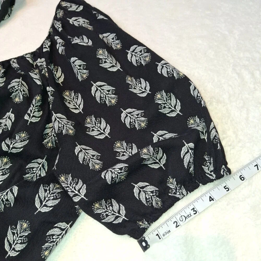 Old Navy Floral Blouse Sz L Puff Sleeve Flowy Tie Back Boho Coastal Neutral